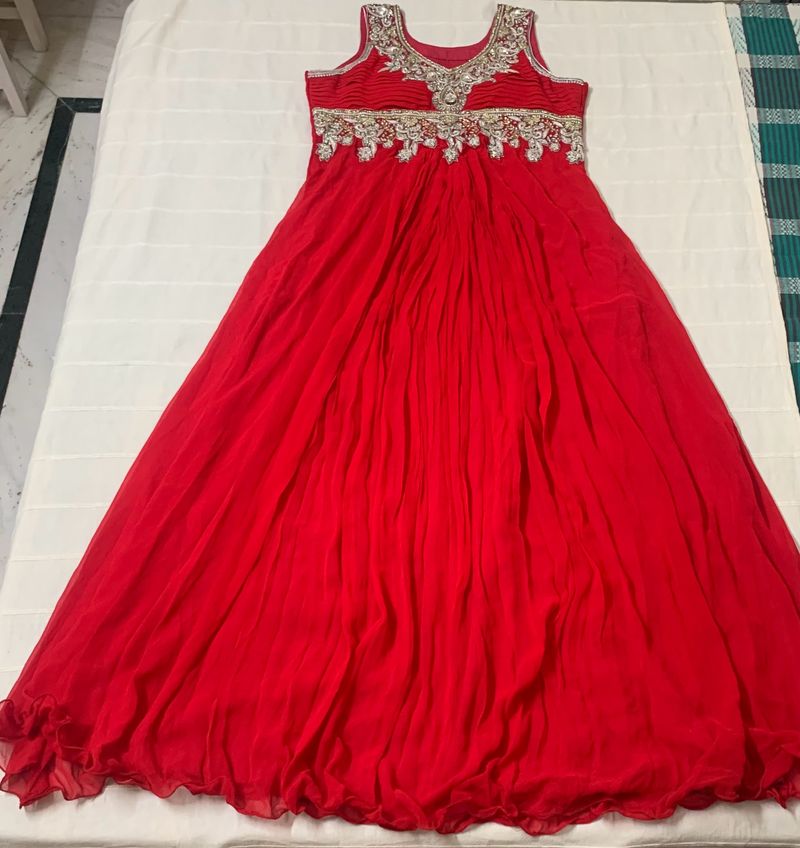 Red Long Flared Gown With Heavy Embroidery