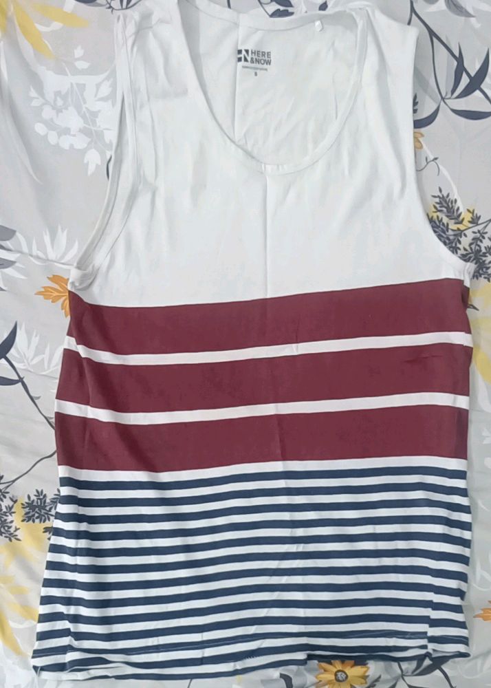 Here&Now White Striped Sleeveless Tank T-shirt