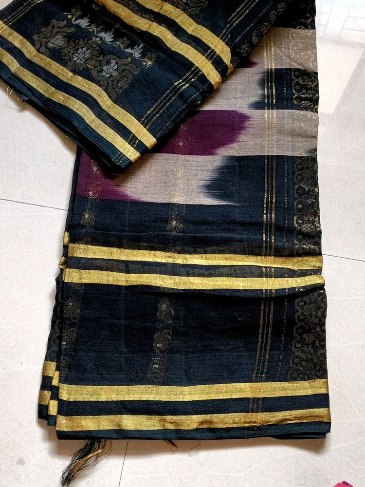 Black Magenta Golden Cotton Saree