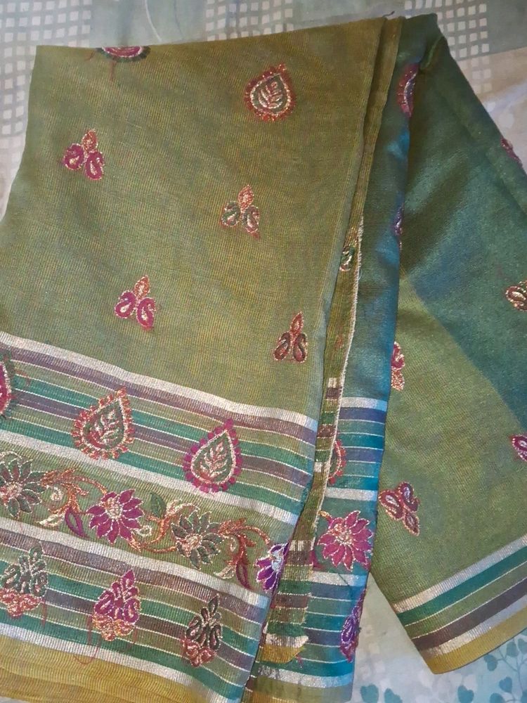 Olive Green Purple Embroiderey Saree