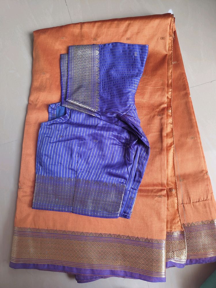 Orang And Blue Wedding Silk Saree