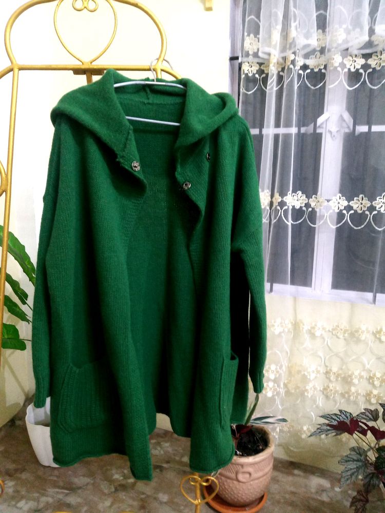 Green Hooded Winter Cardigan