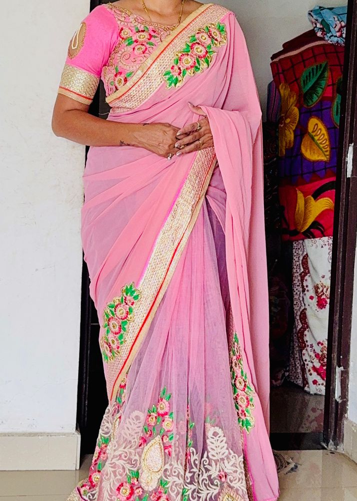 Pink Saree With stitch blouse