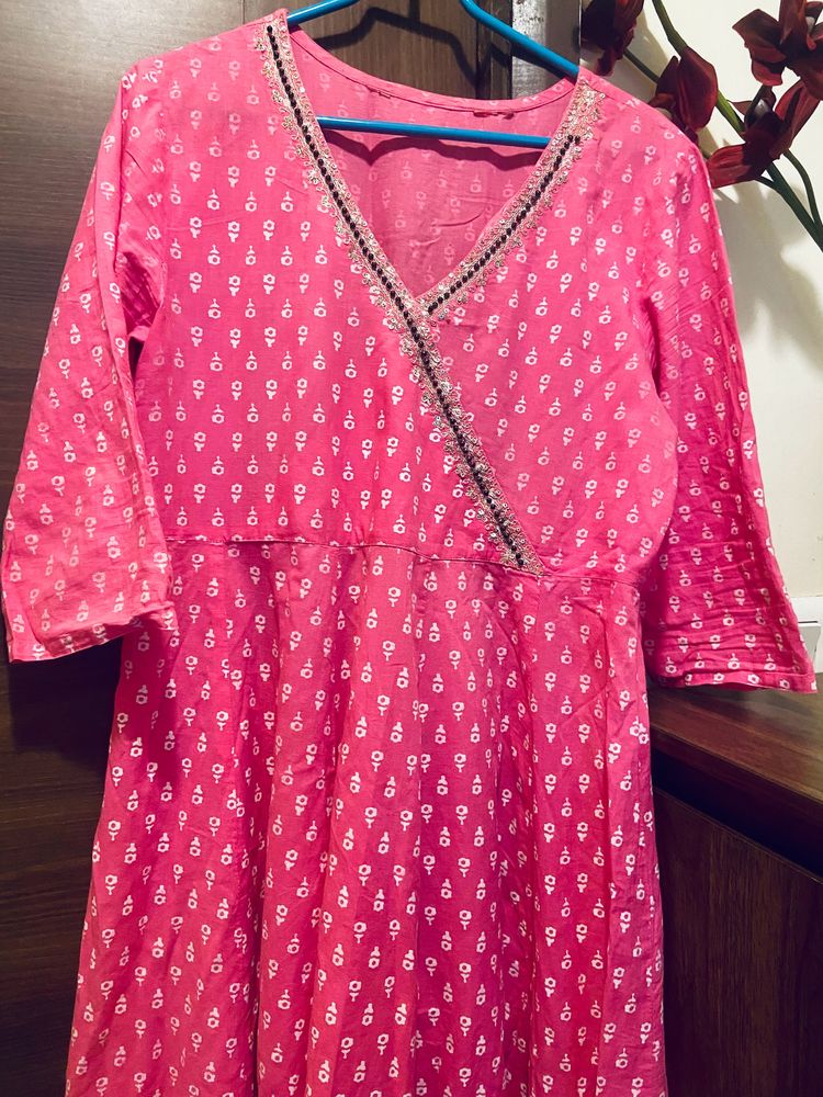 Pink Angarakha Neck Style A Line Kurta