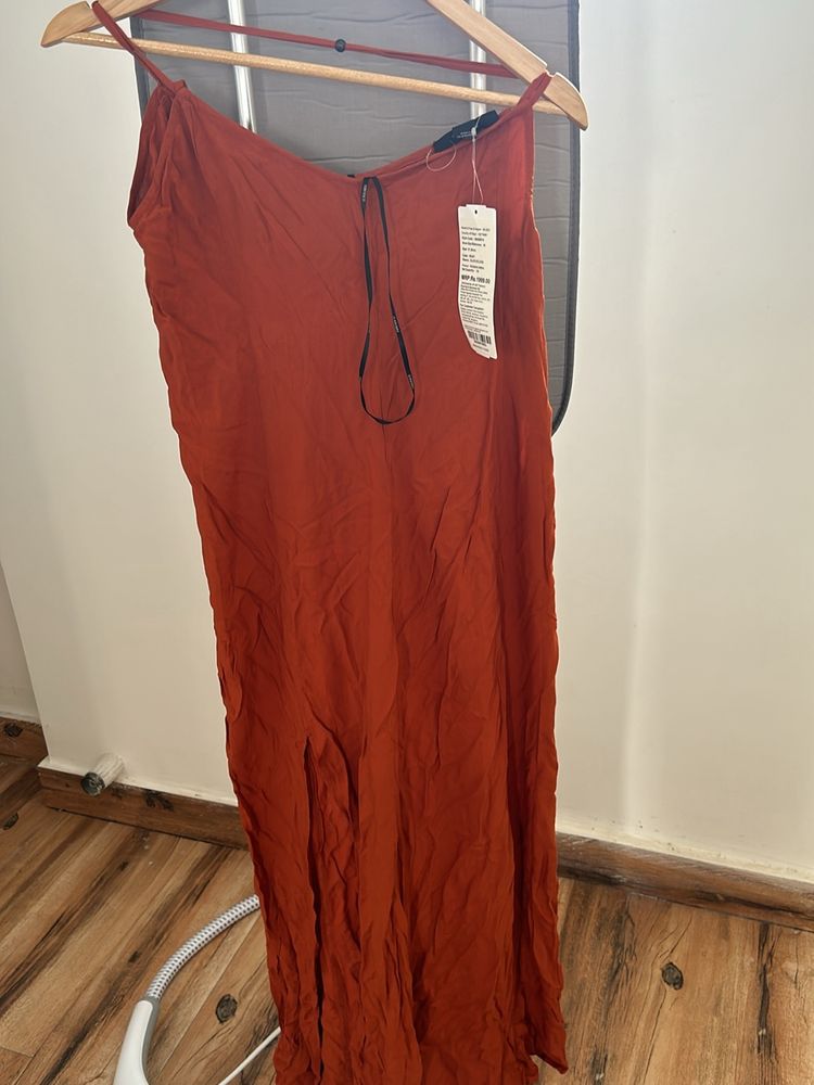 Burnt Orange Adjustable Strap Maxi Dress With Slit