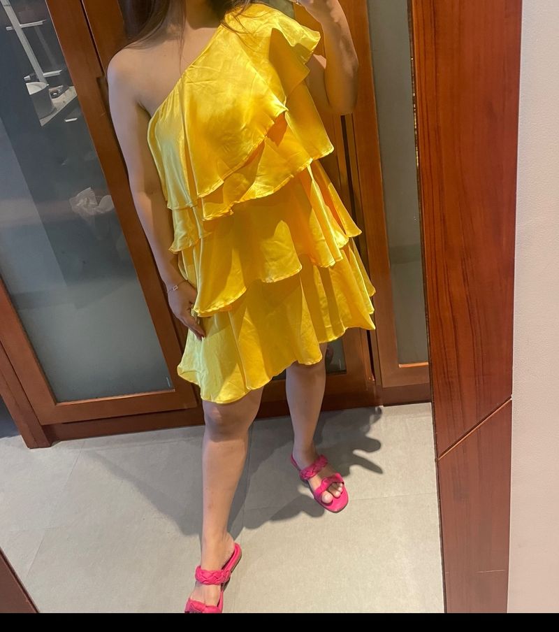 Yellow Ruffle One Shoulder Dress