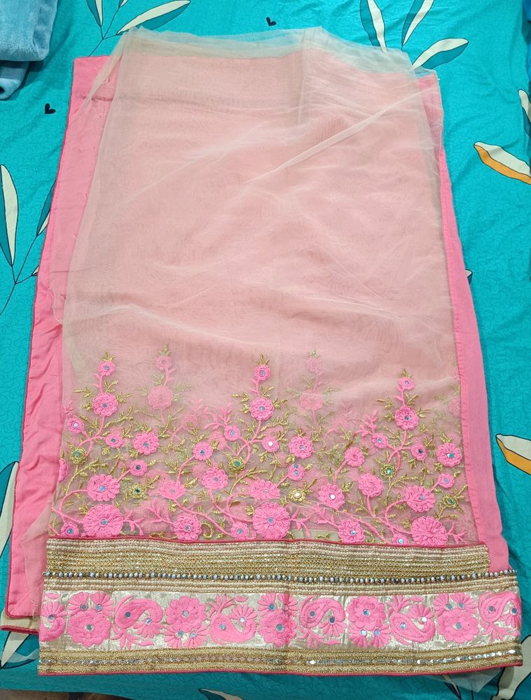 Designer Silk Net Pink Floral Saree