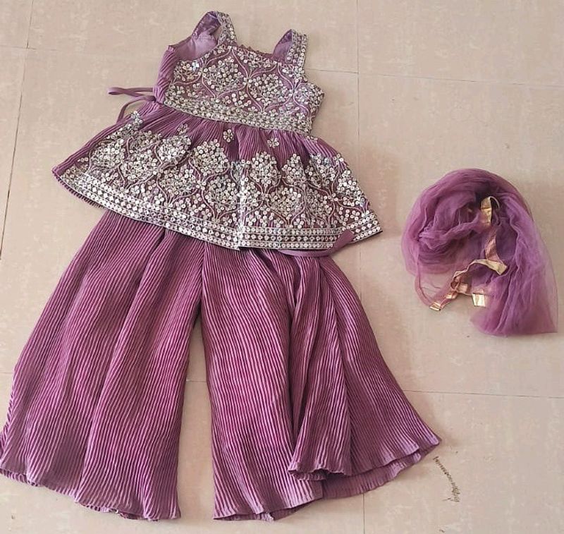 Purple Square Neck Girls Palazzo Set Sharara