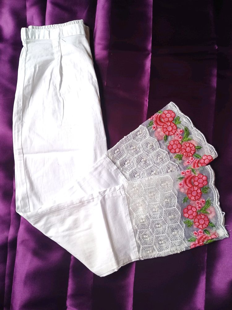 Beautiful White Pants With Pink Embroidery