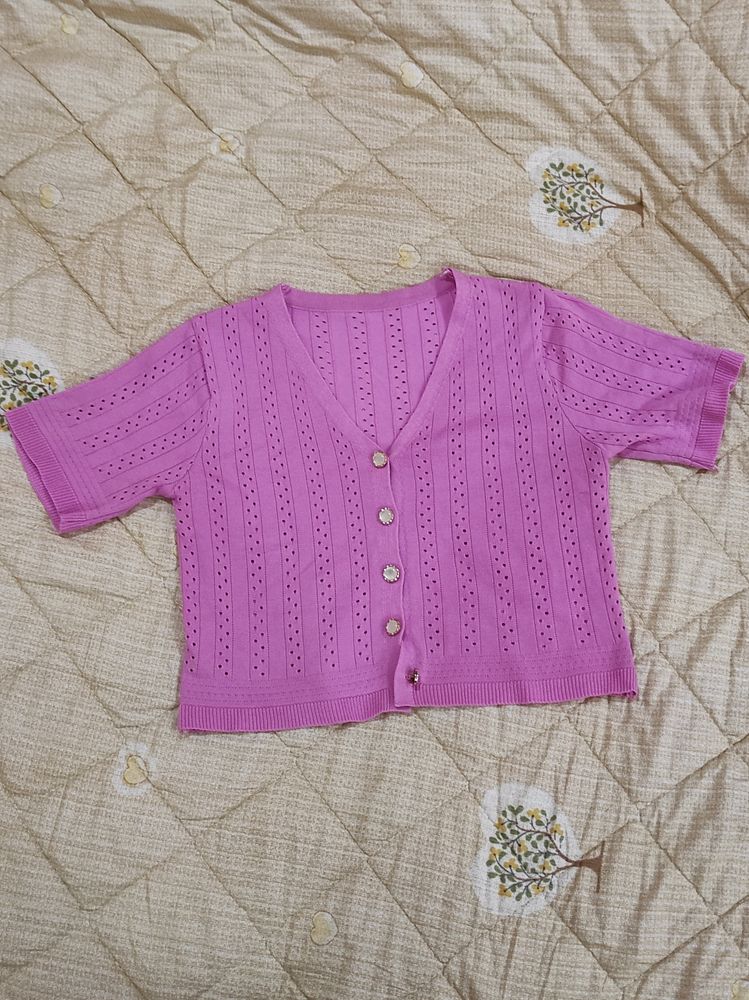 Pink Crop Front Button Top Size S