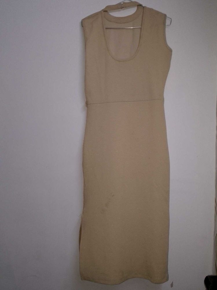 Tan Bodycon Dress With A Slit