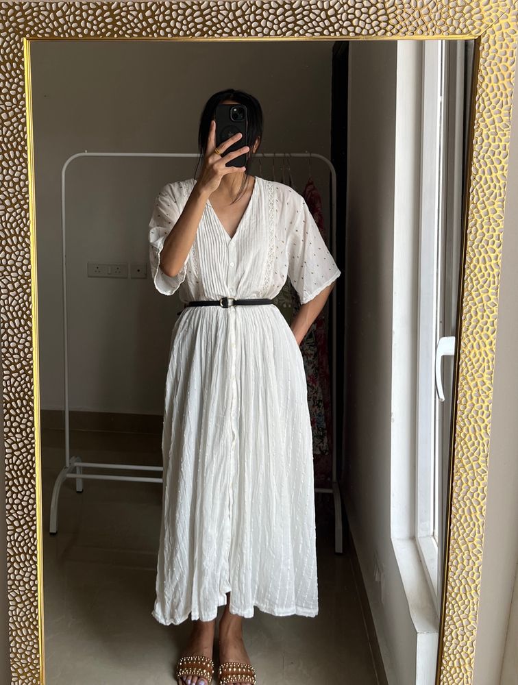 Embroidered White Linen Pleated Midi Dress