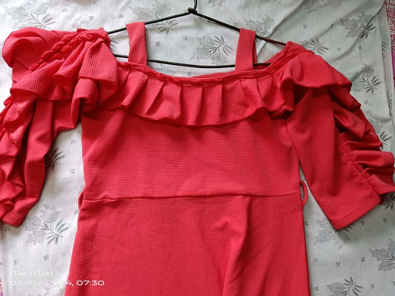 Cute Pinkish Red Puff Sleeve Off Shoulder Dress