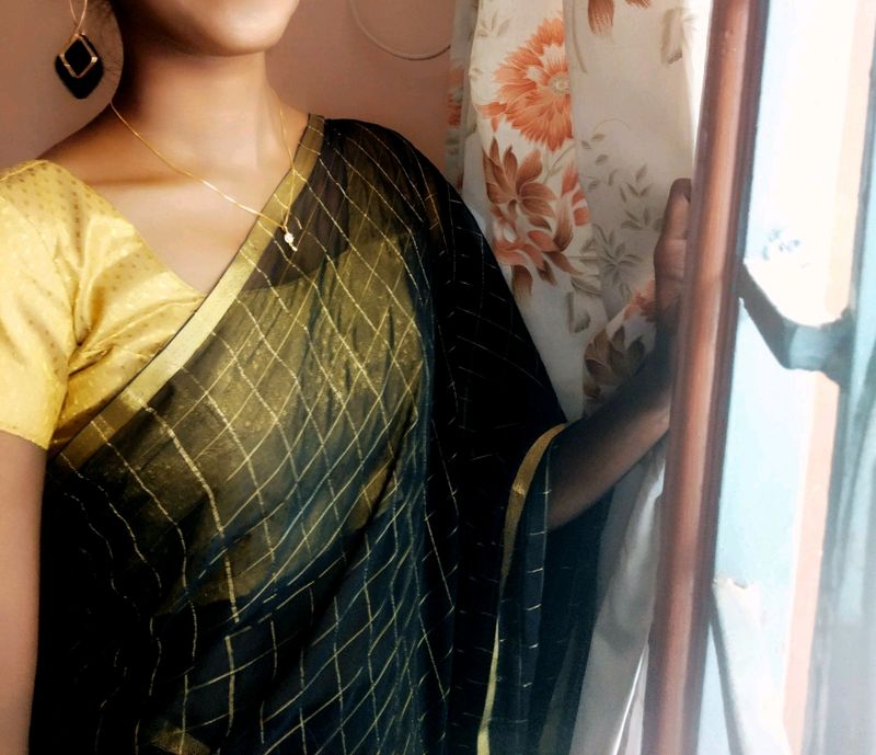 Transparent Black Saree & Golden Blouse