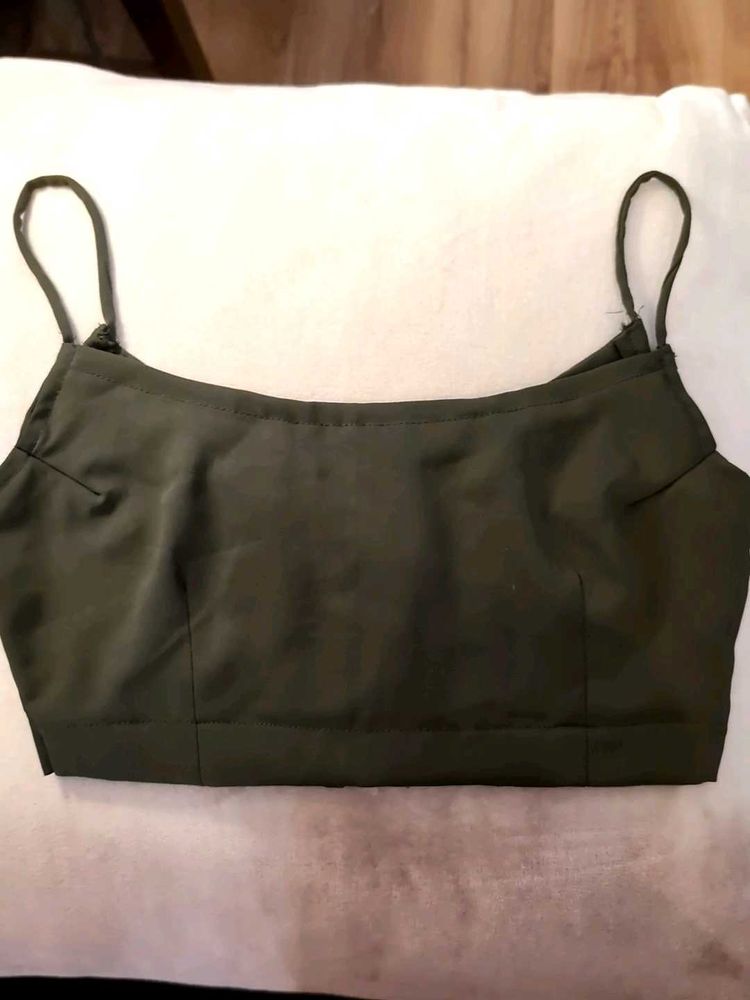 Olive Green Strap Sleeve Crop Top