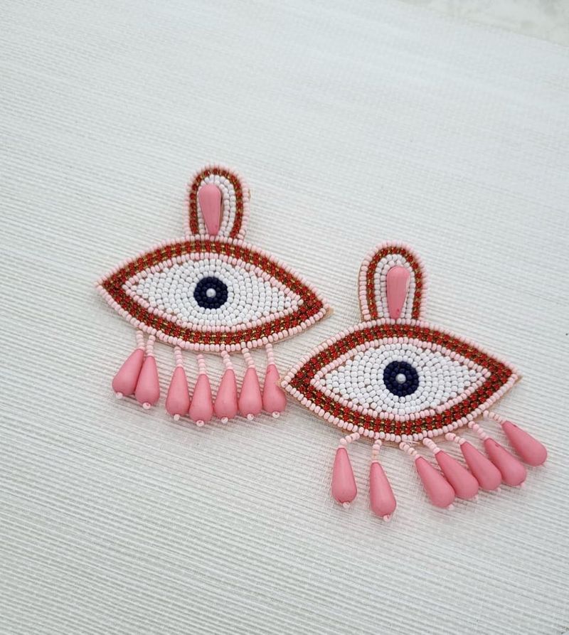 Beaded Pink Evil Eye Dangler Earrings