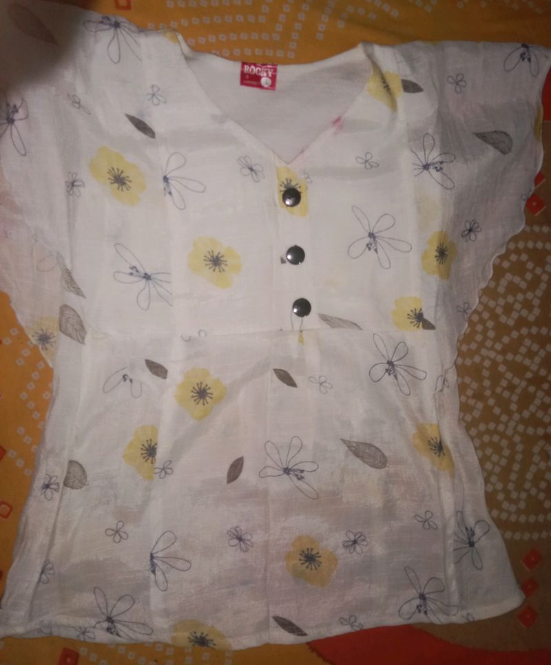 White Printed Cotton T-shirt For Girls