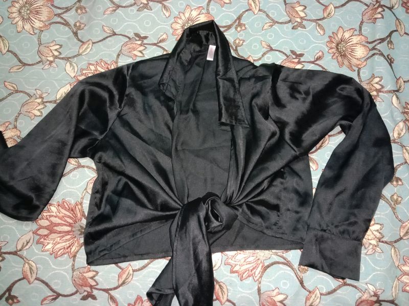 Women Black Satin Knot Shirt