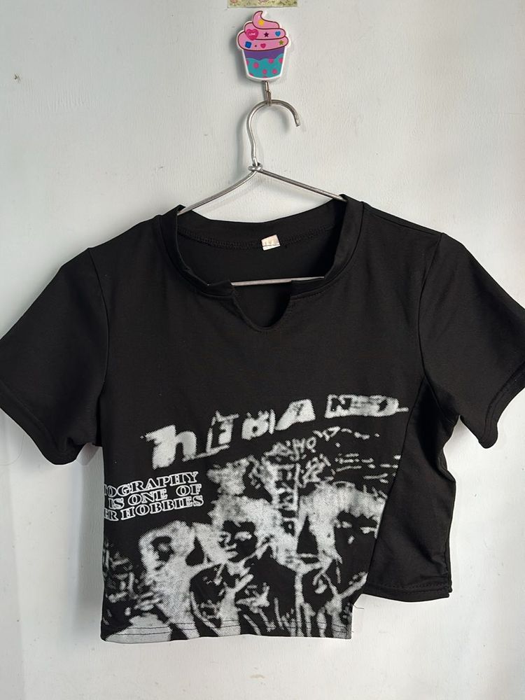 Black Graphic Tshirt Crop Top