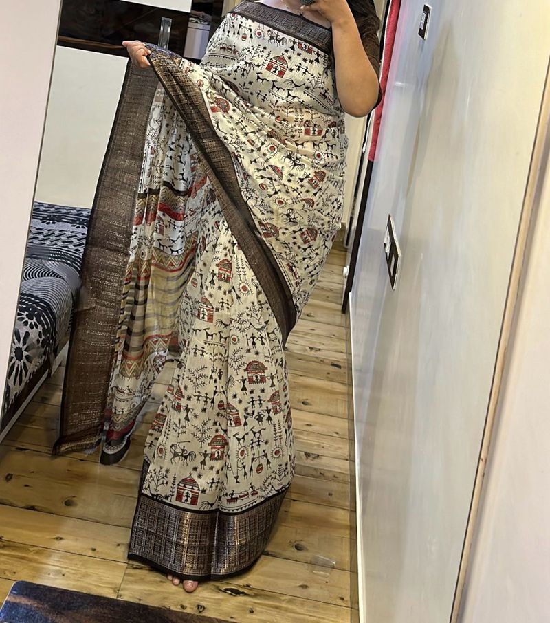 White Brown Saree With Blouse Piece