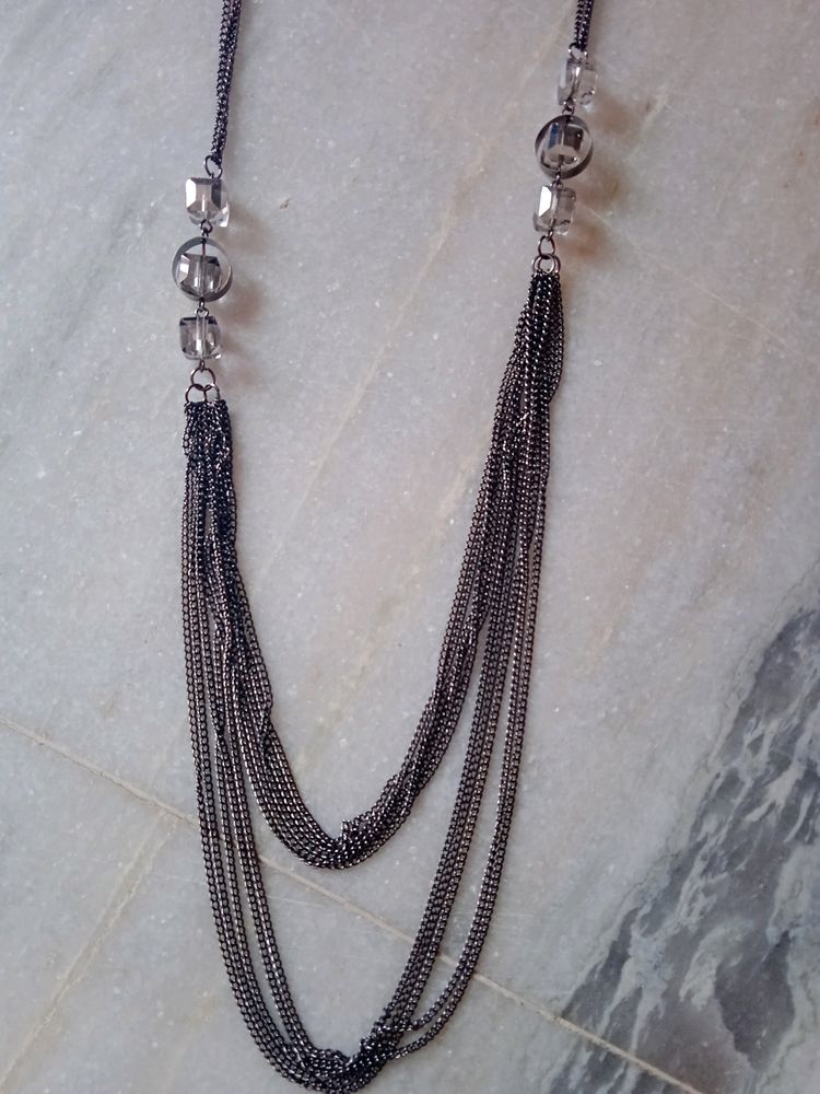 Multi Chain Silver & Gun Metal Necklace w/ AB Black, Smoky Crystal Beads 30" L