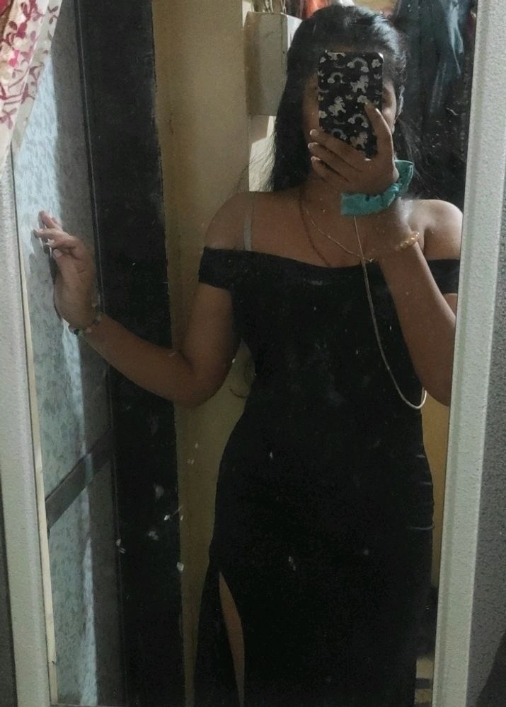Drop Shoulder High Slit Black Dress