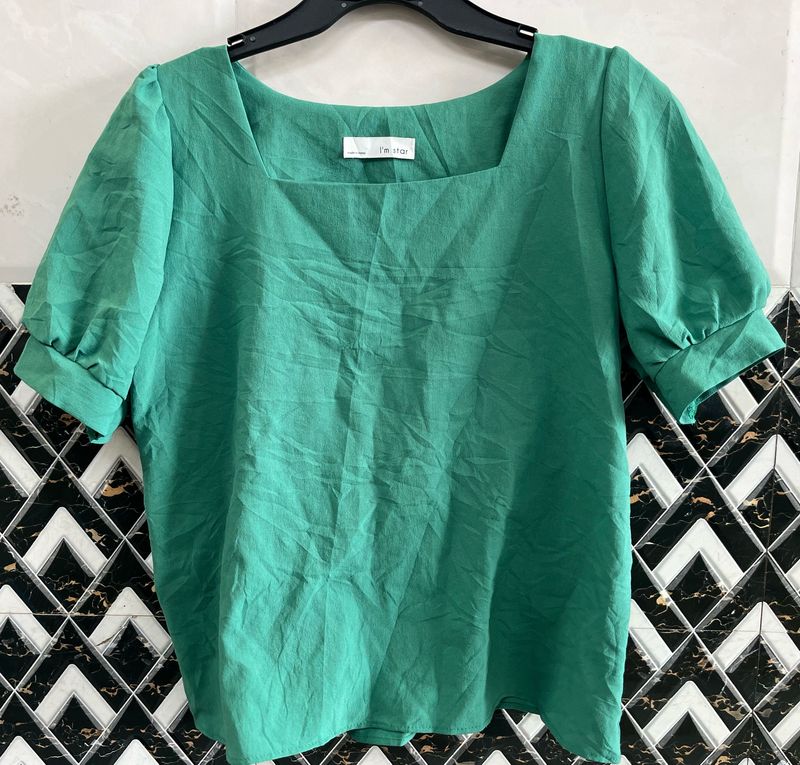 Puff Sleeve Solid Grren Top Women’s