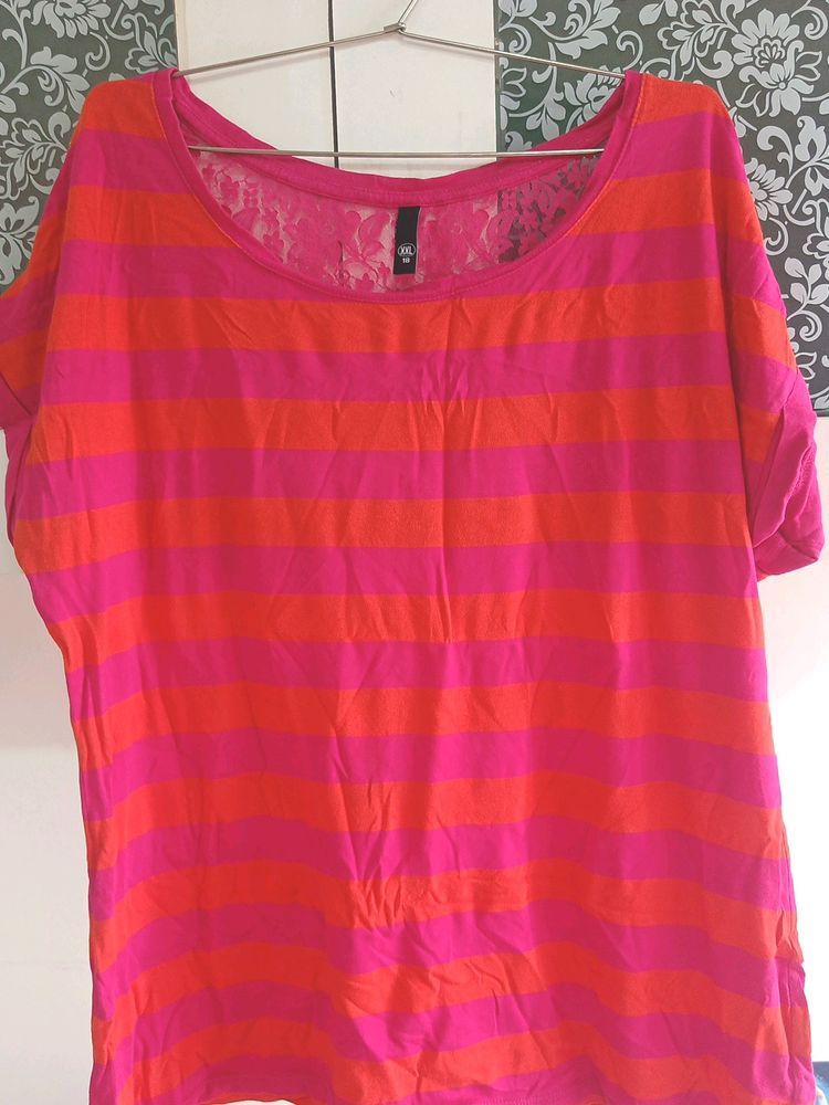 Pink And Orange Striped Women T-Shirt