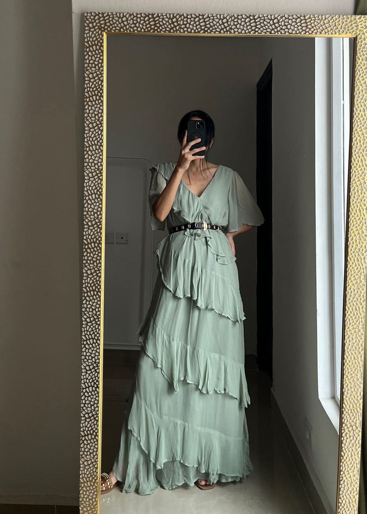 Asymmetric Ruffle Tiered Angel Sleeve Maxi Dress