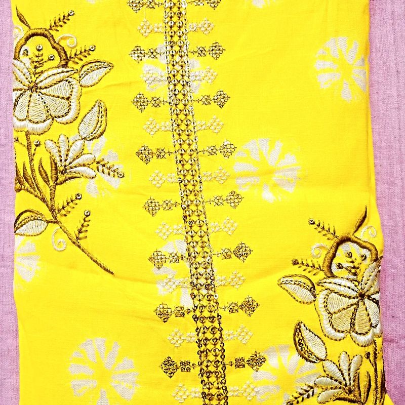 Sequence Neck Work Dress Material Cotton Yellow