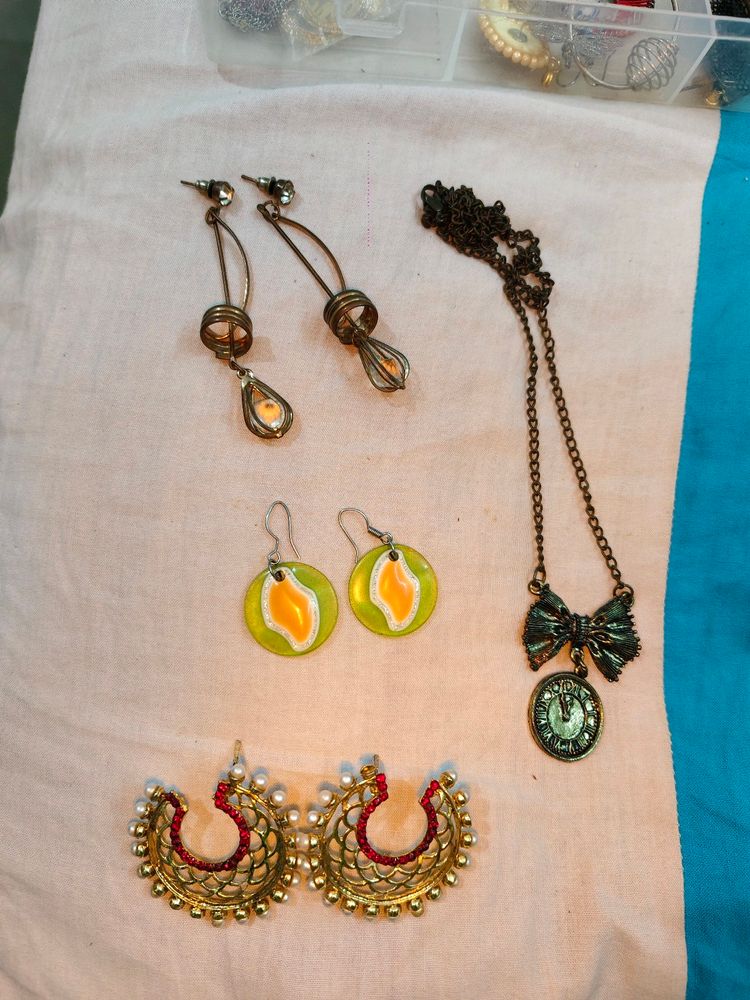 Combo Offer 3 Pairs Of Earrings And One Necklace