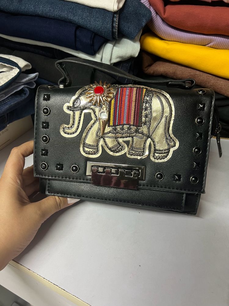 Beautiful Elephant Embroidered Clutch Cum Sling