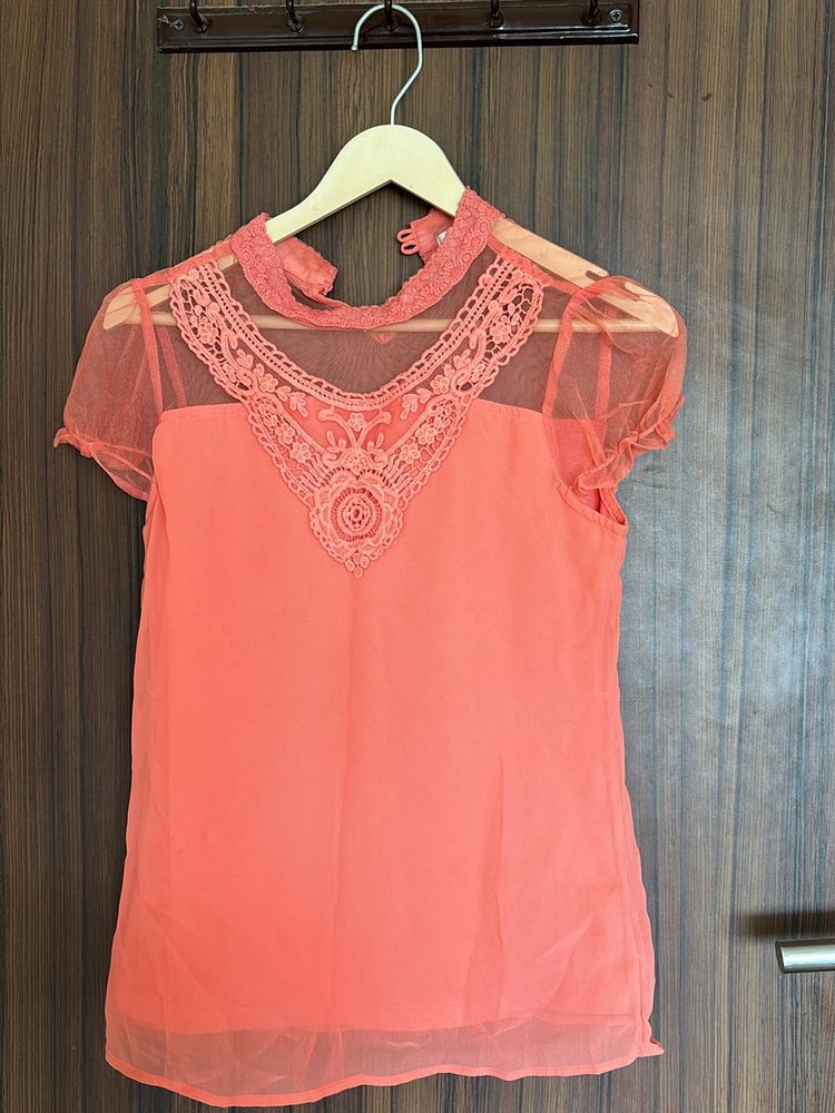 Pretty Peach Top With Yoke Embroidery Details