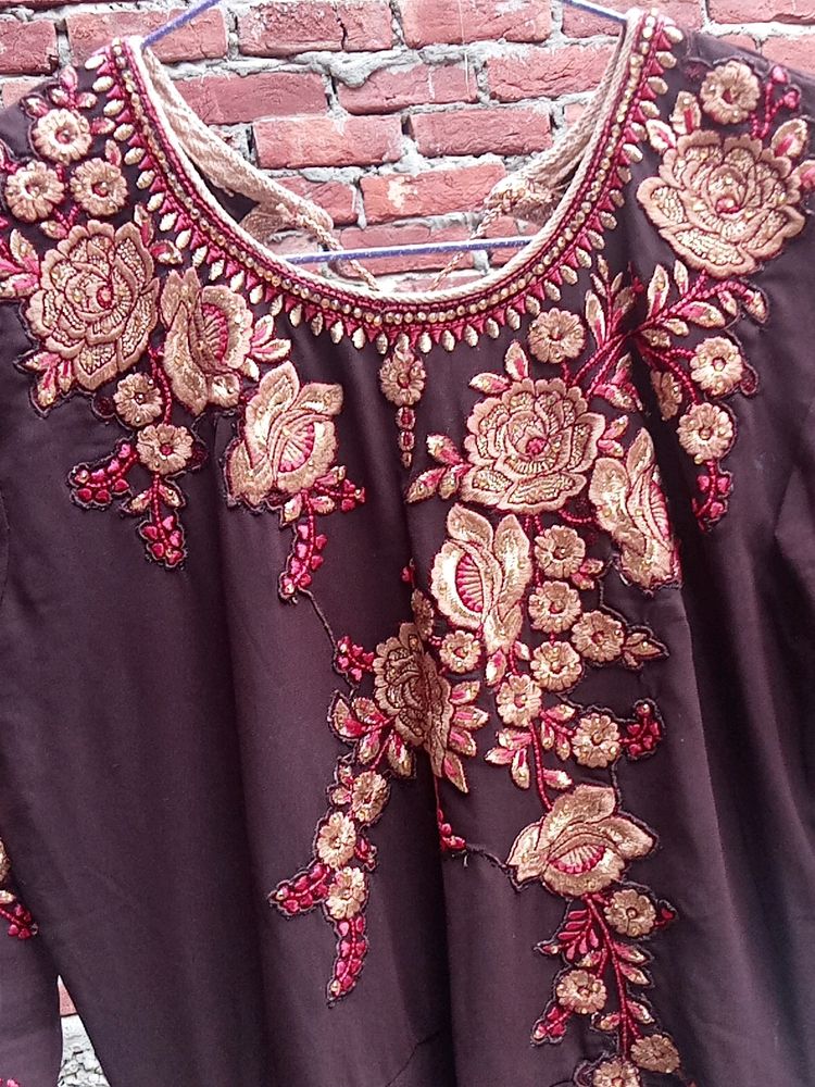 Brown Flared Embroidered Gown