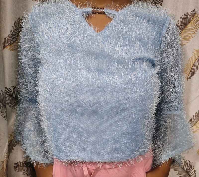 Sky Blue Furry Crop Top