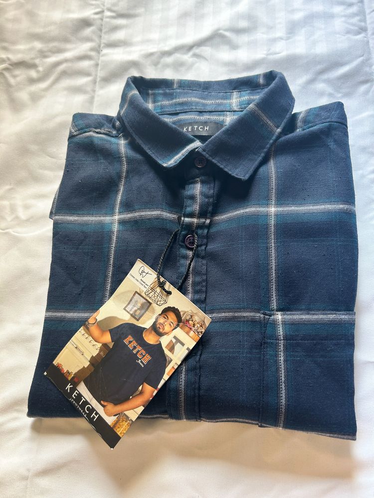 Navy Blue Check Shirt for Men - Size M