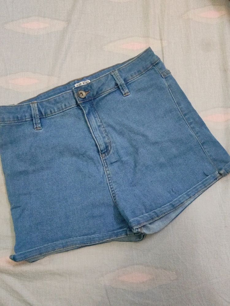 High Waisted Blue Shorts Mini Length