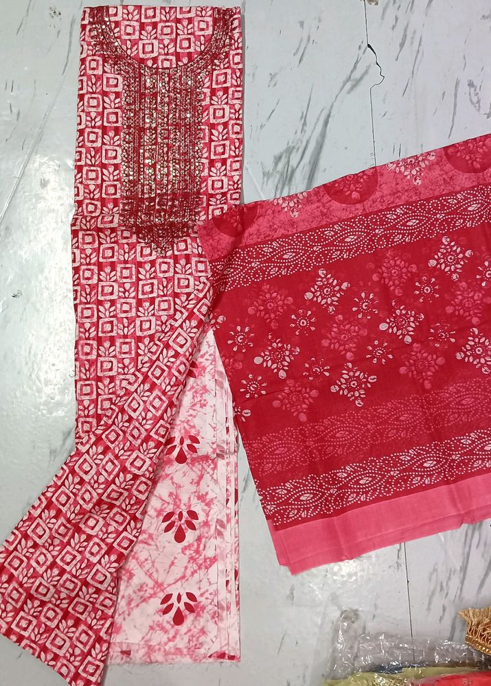 Pure Cotton Red Colour Suit Fabric Unstitched