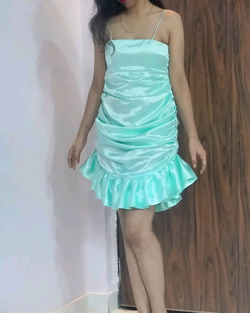 Satin Aqua green Ruched Dress