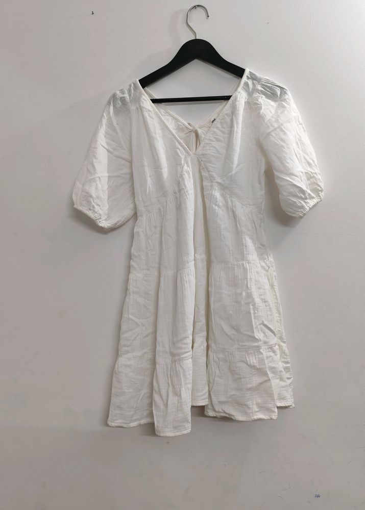 White Cotton Lenin Flared Summer Dress