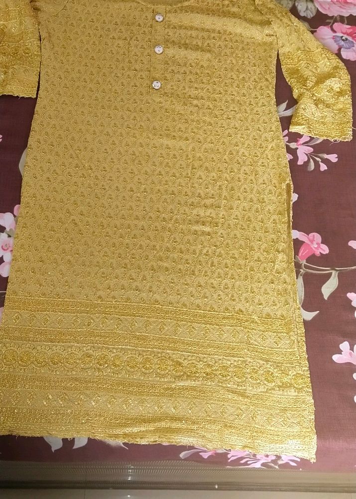 Chicken Work Golden Colour Kurti Looking Beautiful