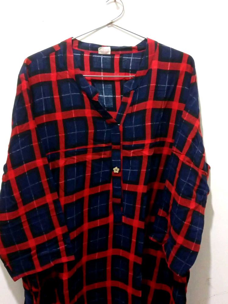 Red And Blue Checks Printed Kurta Xxl