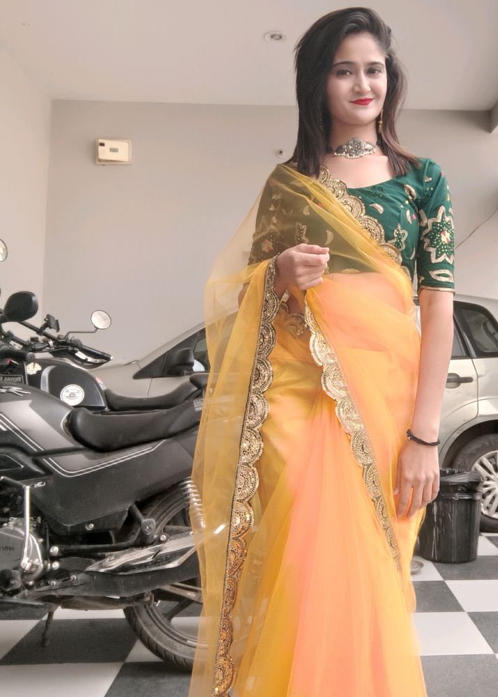 Designer Yellow Net Sari With Blause