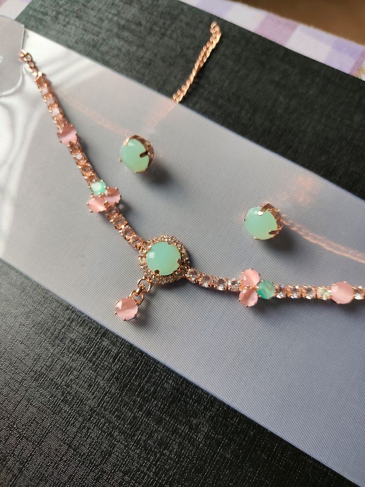 Rose Gold AD Necklace Set With Earings