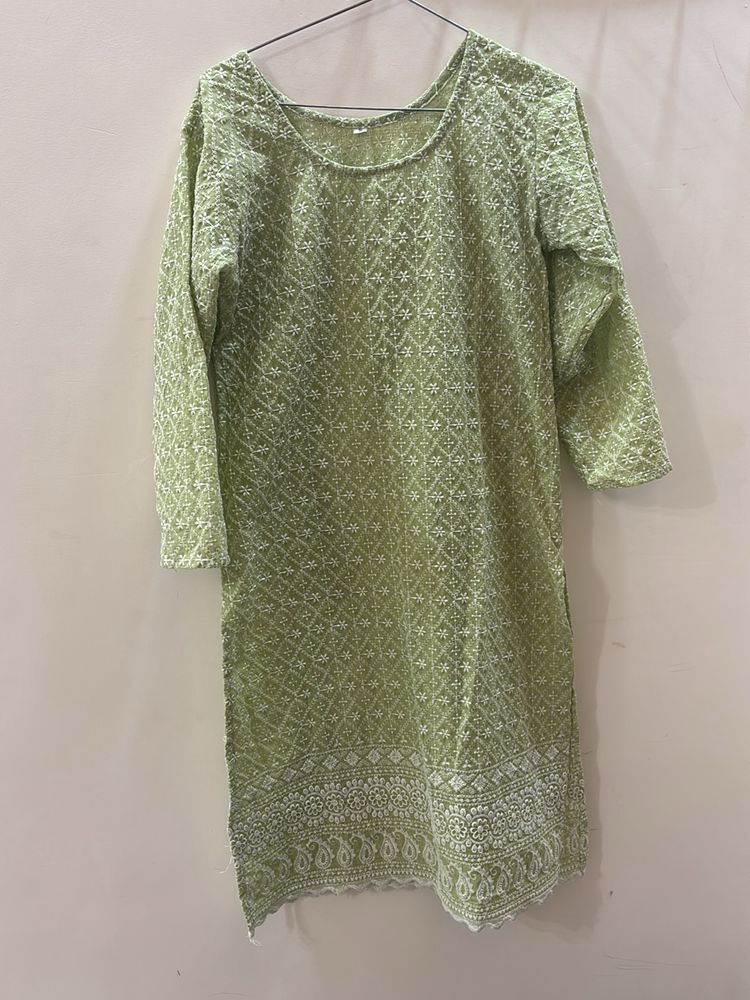 flowing pista cotton embroidery kurta daily wear