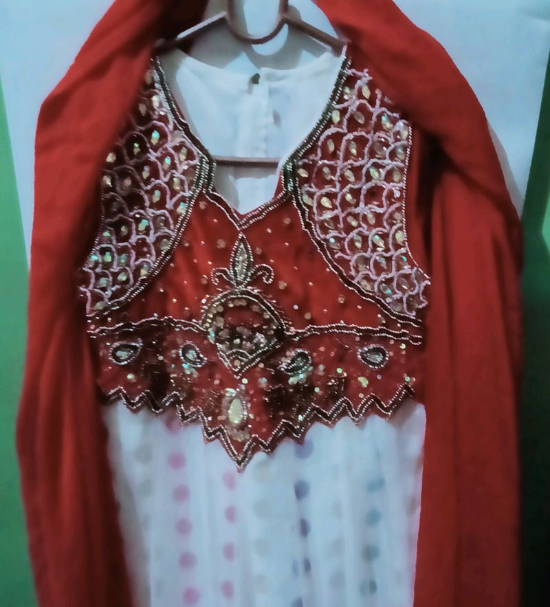 Red Frocksuit With Net Dupatta