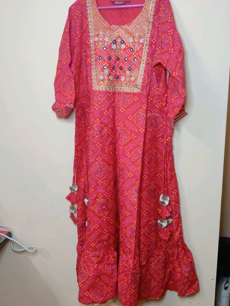 Bhandhini Print Red Anarkali Type Kurta