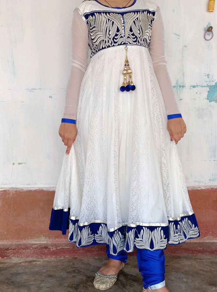 Blue White Anarkali Suit