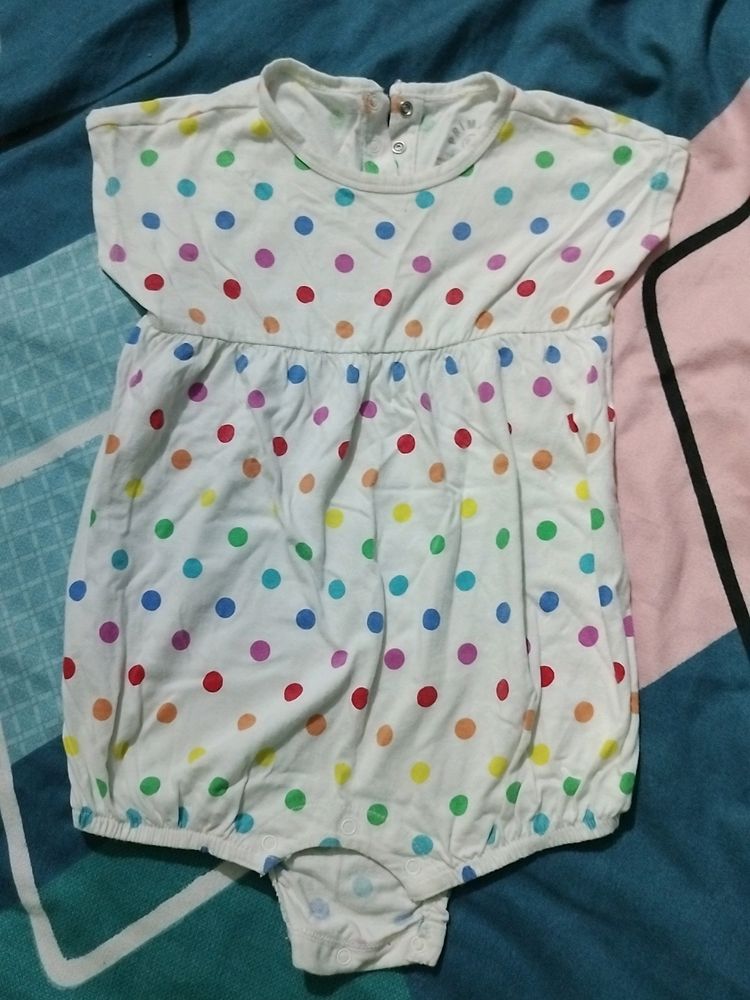 White And Multicolour Dotted Diaper Dress For Girl