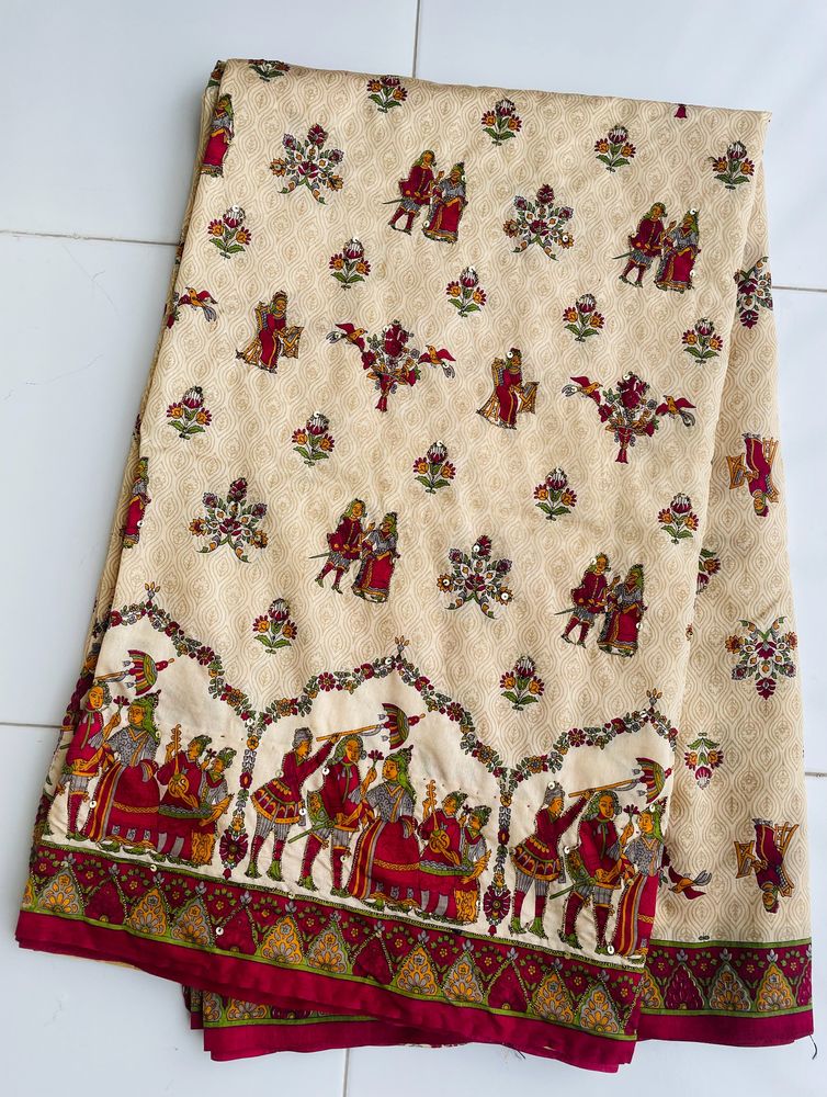 Beige And Maroon Kantha Stitched Worked Saree